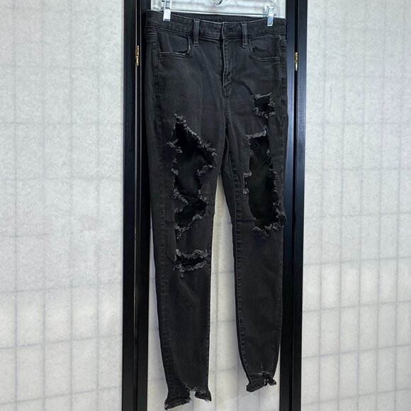 American Eagle Next Level Stretch Distress Destroyed Skinny Denim Jeans Black 8 - Picture 3 of 14